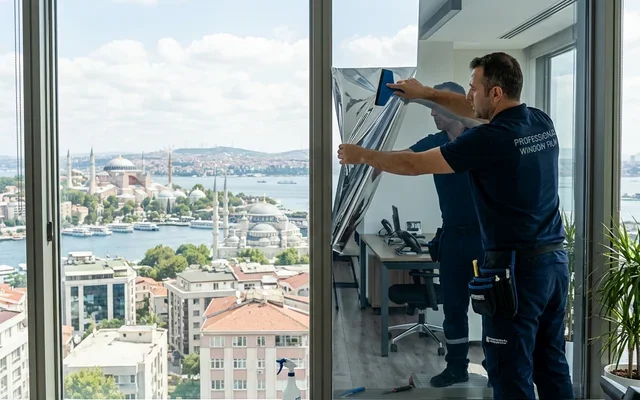 Aynalı cam filmi uygulama öncesi ve sonrası ofis cephesi