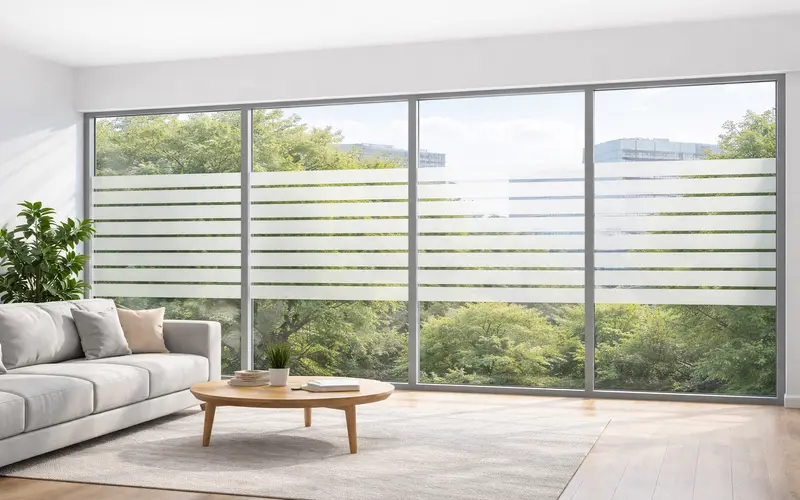 cam filmi uygulama örneği — yatay şeritli buzlu cam filmi