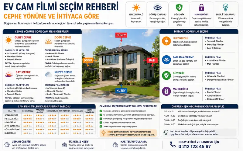 ev cam filmi seçim rehberi cephe yönüne göre güneş kontrol aynalı UV koruma