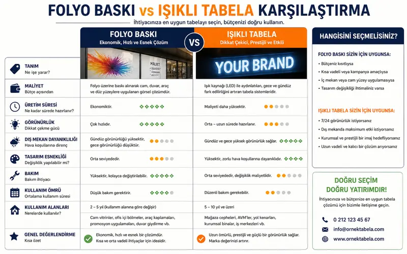 folyo baskı mı ışıklı tabela mı maliyet görünürlük karşılaştırma rehberi