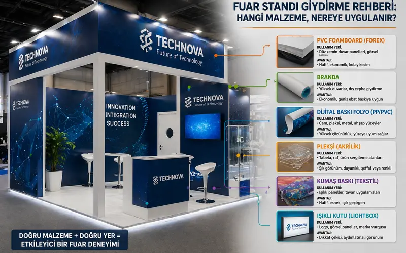 fuar standı giydirme malzeme seçimi folyo branda one way vision