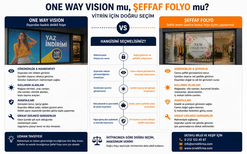 one way vision ve şeffaf folyo vitrin cam giydirme karşılaştırma rehberi gündüz gece farkı