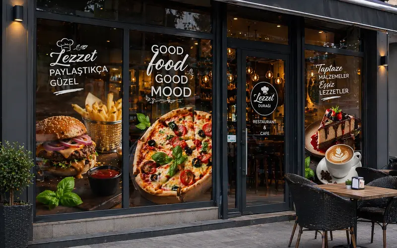 Restoran ve kafe vitrin folyo baskı örneği